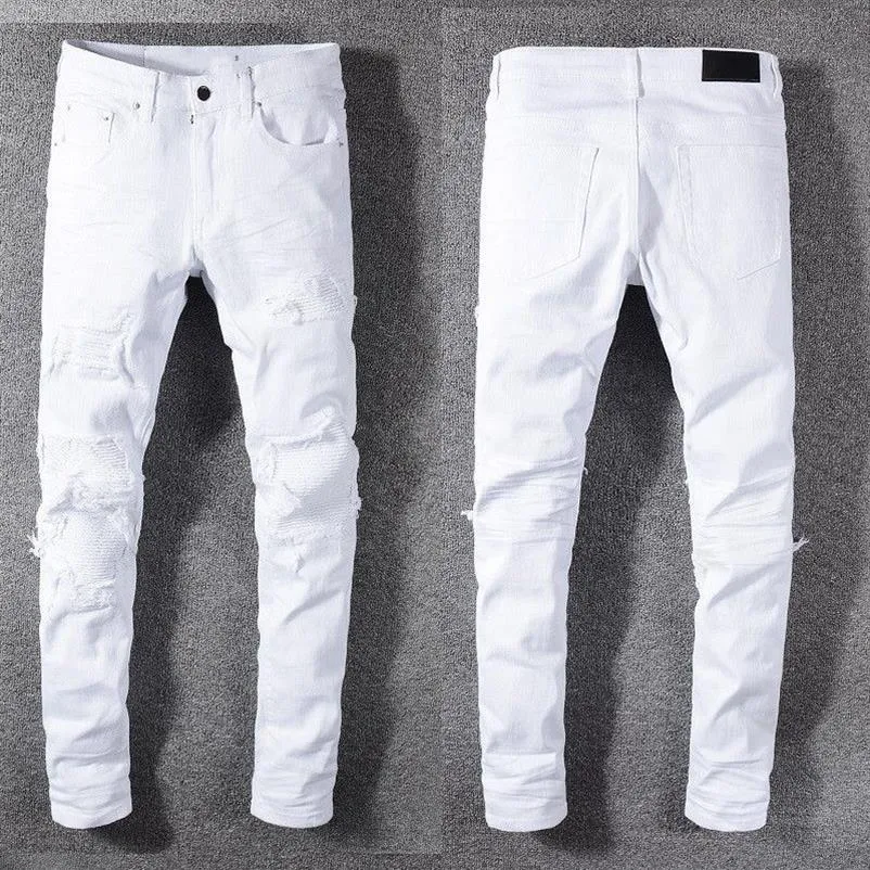 jeans pour hommes stretch marque entière bande latérale proéminente cool personnalisé déchiré en détresse rétro trous planche à roulettes droite Motorcy223T