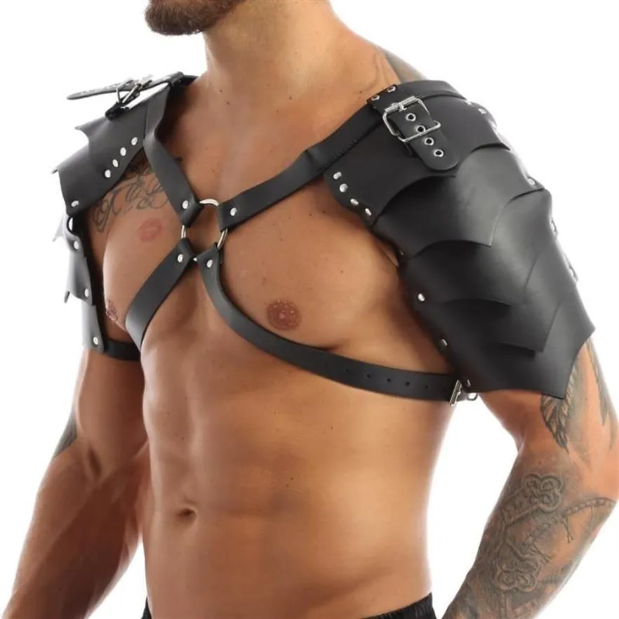 Soutien-gorge Ensembles Sexy Gothique Hommes Faux Cuir Armure Épaule Tops Poitrine Harnais Bondage Club Lingerie Guerrier Cosplay Réglable Fétiche C329W