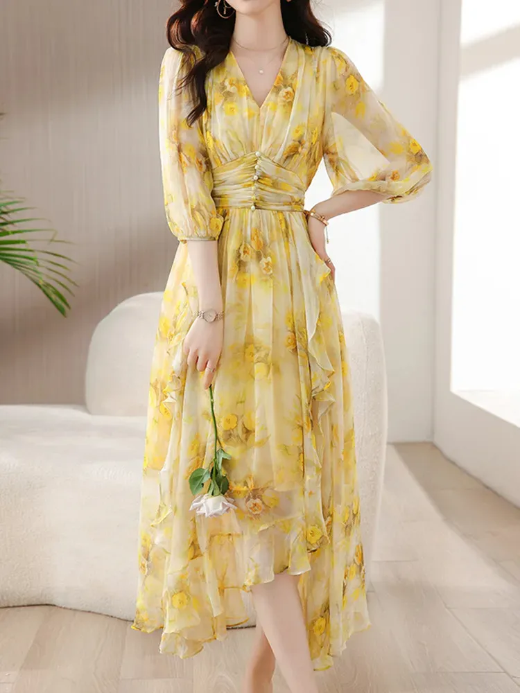 chinese dress ladies Abel and Lula Baby Girls Yellow Floral Bow Mikado Dress