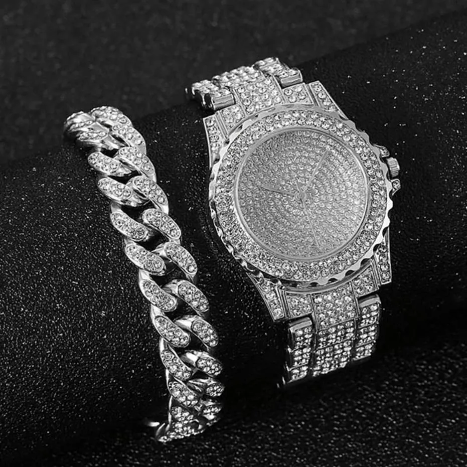 Montres-bracelets Montre Bracelet Pour Femmes Chaîne Cubaine Charme Glacé Mode Luxe Or Ensemble Bijoux Relojes269U