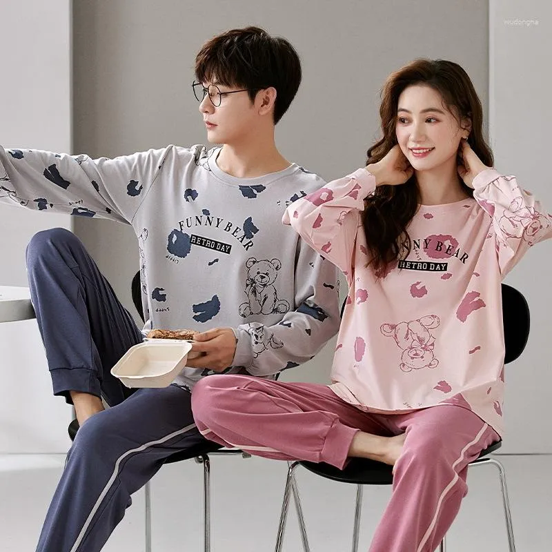 Men's Sleepwear Cartoon Cute Autumn Pajamas Set Long Sleeves Nightwear Women's Homewear Cotton Loungewear For Couples Lover Pjs Free Ship