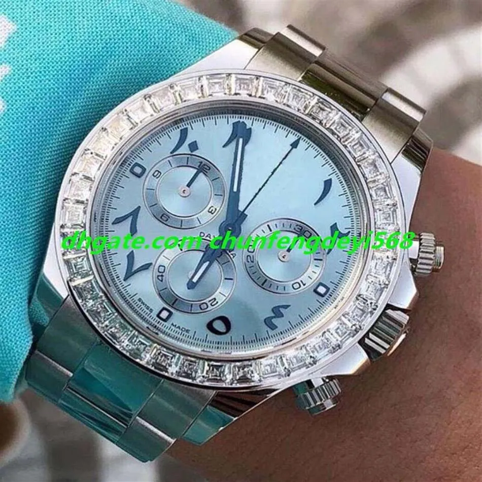 Luxury Watch Diamond Bezel 40mm Ice Blue Arabiska sällsynta urtavla Rostfritt stålarmband Automatiska modemänklocka armbandsur273k