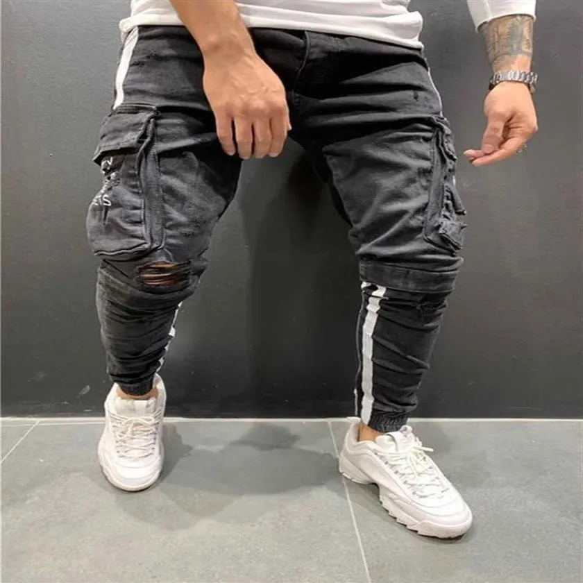 Nouveau pantalon crayon déchiré jean mince printemps trou hommes mode mince jean moulant pour hommes Hiphop multi-poches pantalon S-3XL X06252T