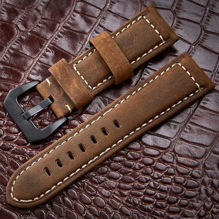 WatchBands 20 22 24 26mm äkta läder mörkbrun svart man kvinnor handgjorda vintage skrubbe handleds klockband strap metal spänne t19180u