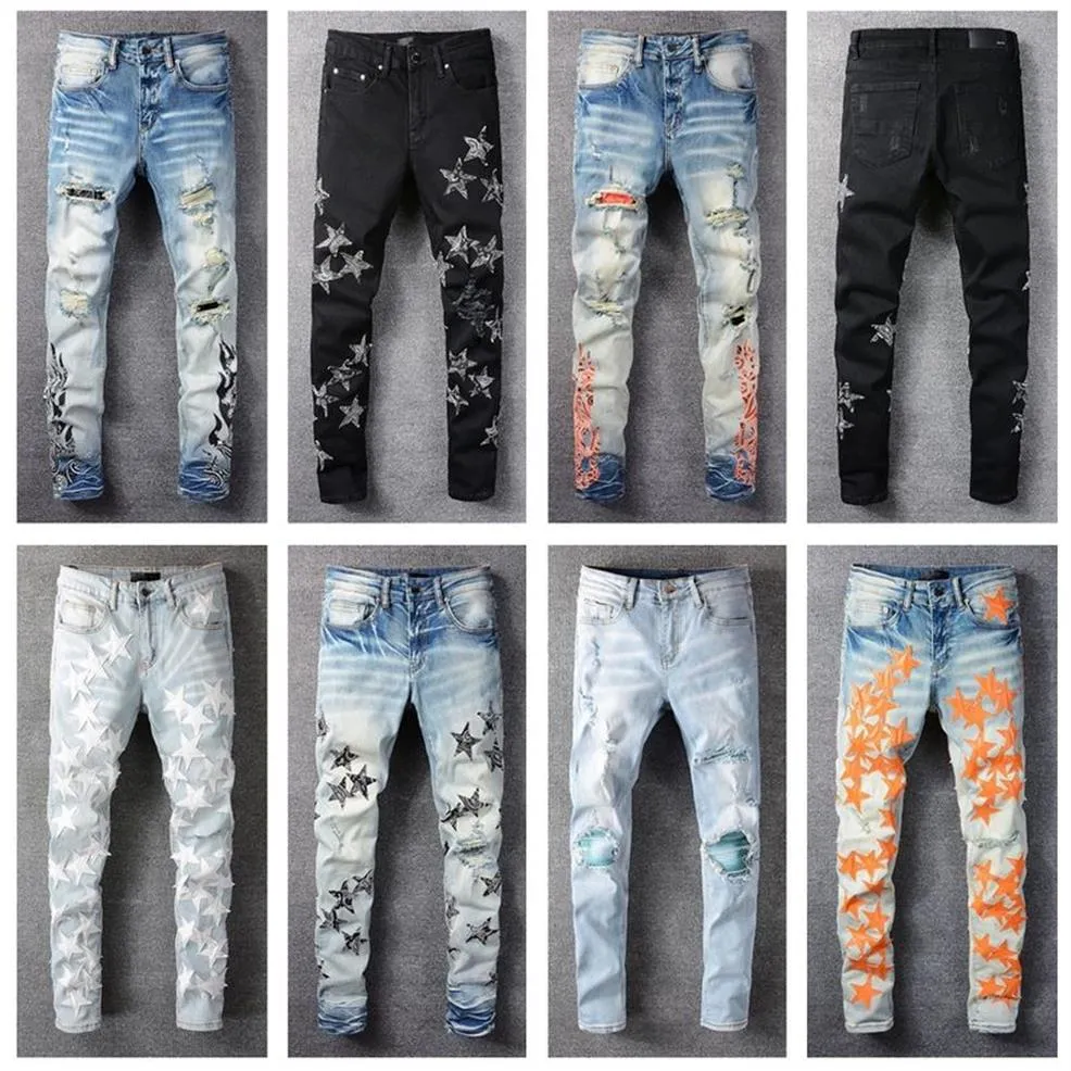 Herren Jeans Cool Style Luxus Mode Gestickte Patches Denim Hose Distressed Ripped Biker Schwarz Blau Männer Slim Bleistift Jean Slim F337K