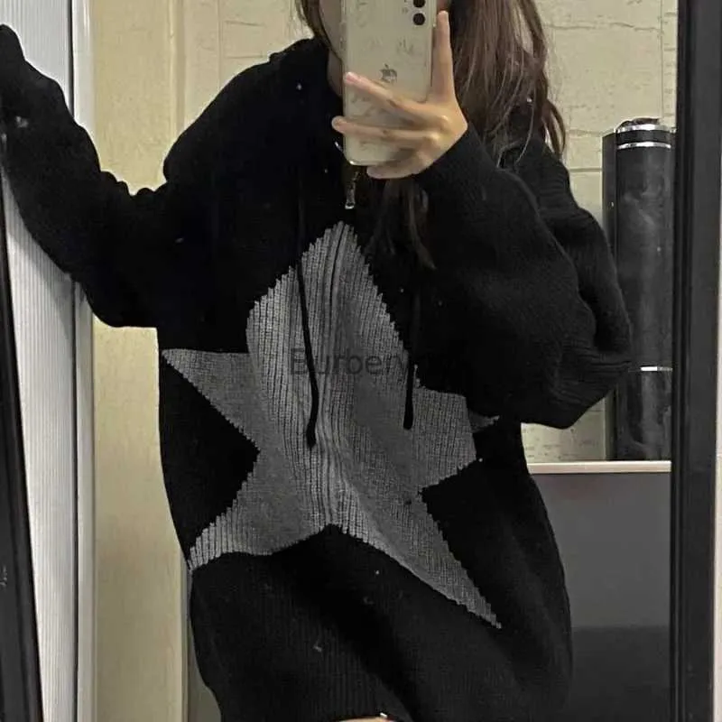 Kadın Sweaters Qweek Vintage Kadın Kazak Kore Moda Yıldız Büyük Boy Siyah Hardian Yeni Örgü Tiki Tarzı Kapşonlu Sweaters Aestheticl231004