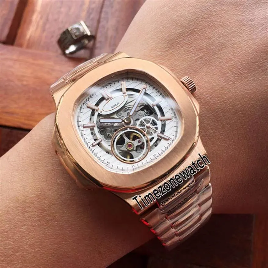 Ny Nautilus 5712 Rose Gold White Skeleton Dial Tourbillon Miyota Automatic Mens Watch rostfritt stålklockor 10 färger Timezonew301b