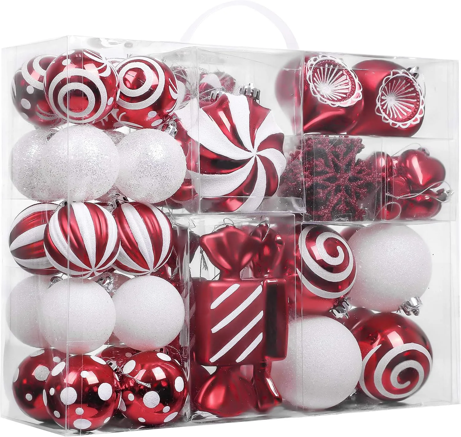 Julgranprydnader, 108CT Candy Cane Red and White Shatterproof Christmas Tree Decorations Set, Blandad dekorativ hängande kul Ornam