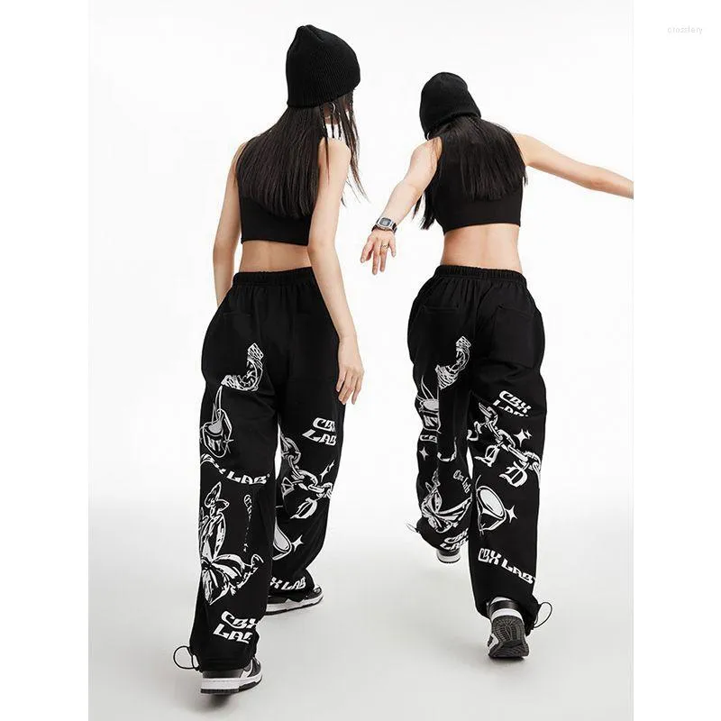 Pantalon Femme Lettre Impression Rétro Hiphop Rock Street Dance Noir Femmes Y2k Baggy Droite Taille Haute Imprimé Pantalon Décontracté Mode