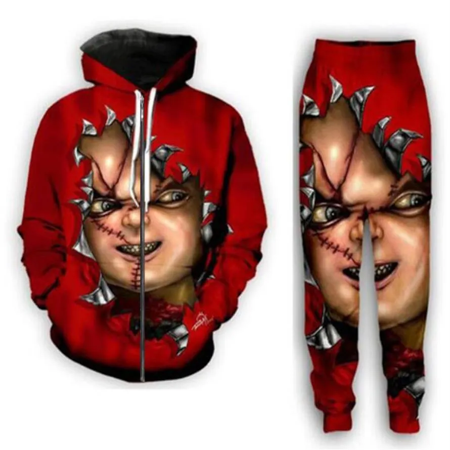 2021 Nuova moda Uomo Donna Halloween Terror Movie Chucky cerniera felpa con cappuccio e pantaloni in due pezzi divertente 3D stampato complessivo Tute2558