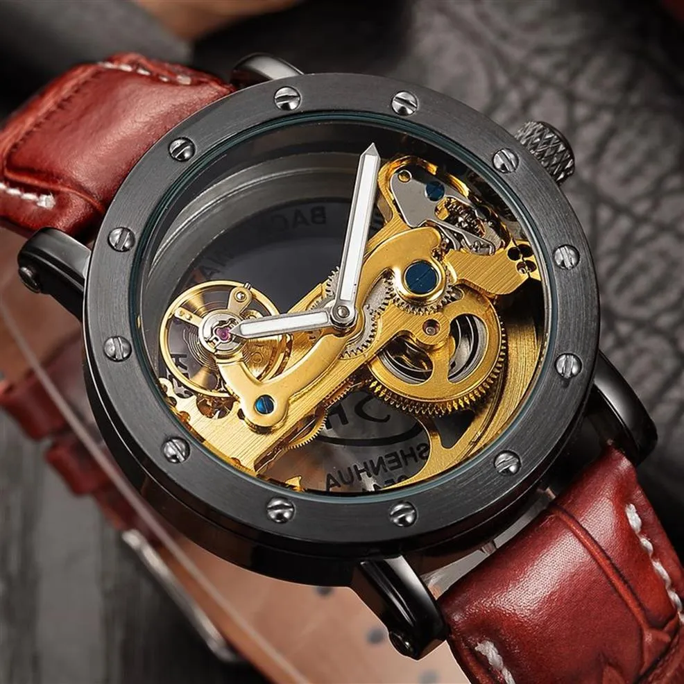 Relogio Masculino SHENHUA Automatic Mechanical Tourbillon Watches Men Top Brand Luxury Leather Band Transparent Skeleton Watch D182506