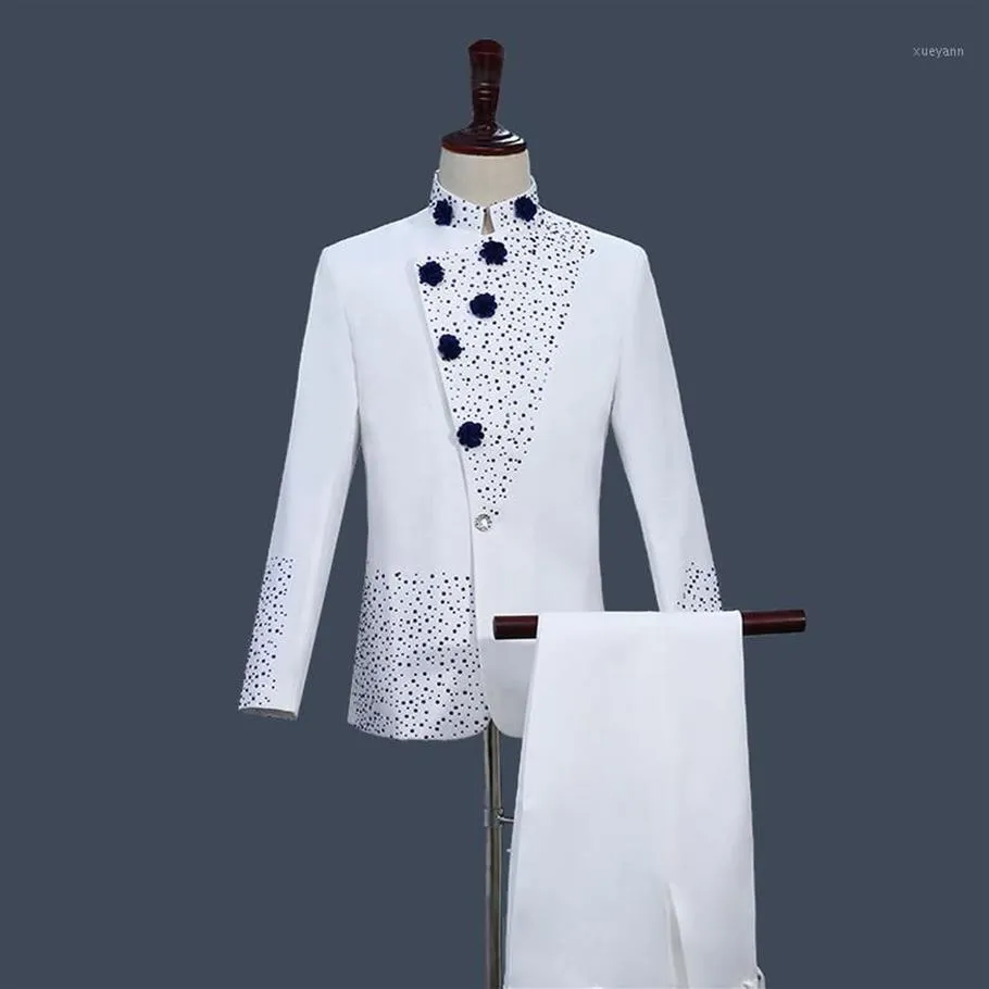 Abiti da uomo Blazer Abito tunica cinese stile retrò bianco con strass blu Giacca pantaloni dritti 2 pezzi Set Stand Col256f