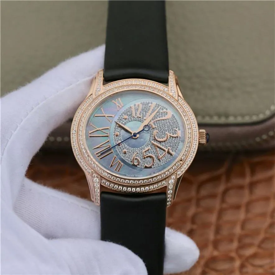 77303BC Diamond Watch Montre de Luxe 35mmx39 5mm Automatisk mekanisk rörelse rostfritt stål fodral läderband Kvinnor Klockor232x