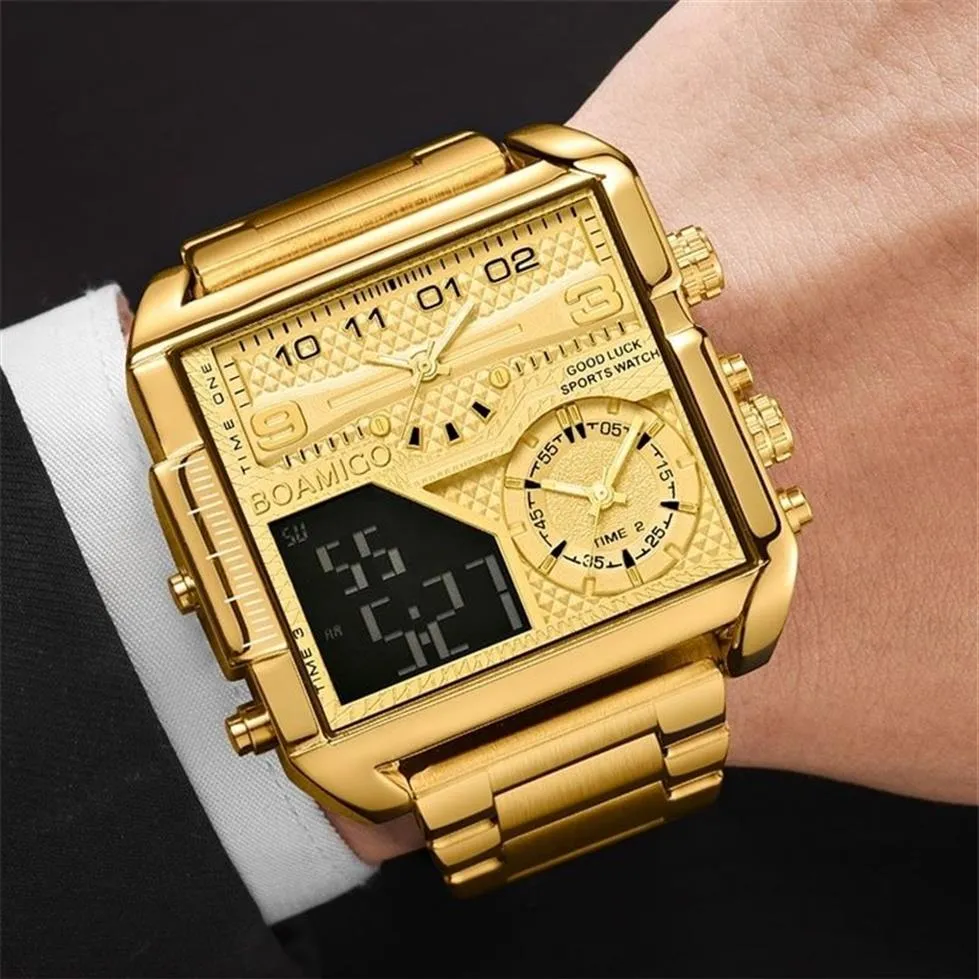 BOAMIGO Top marque de luxe mode hommes montres or acier inoxydable Sport carré numérique analogique grande montre à Quartz pour homme 220212249S