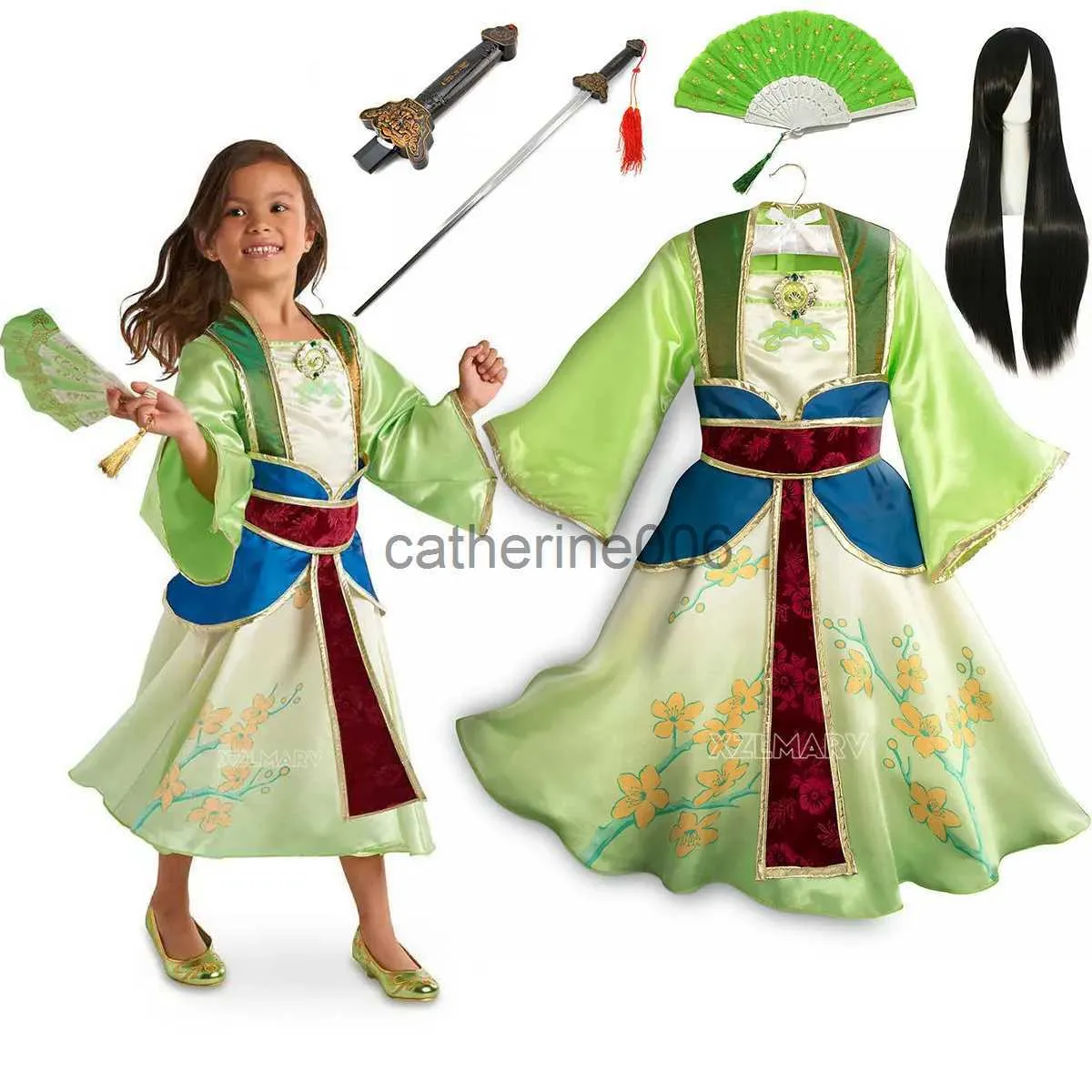 Special Occasions Summer Infant Girls Mulan Dress Halloween Carnival Mulan Cosplay Costume Mulan Wig for Children Birthday Party Toddler Dress Up x1004