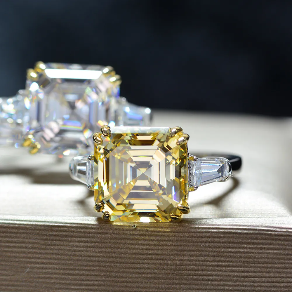 Orijinal 925 STERLING Silver Square Asscher Kesim Simüle Elmas Yüzük Düğün Nişan Kokteyl Kadın Topaz Taş Yüzükleri Parmak İnce Takı