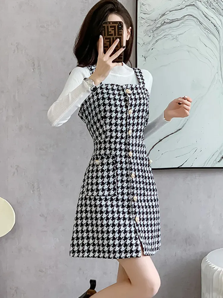 Houndstooth Spaghetti Strap Gingham Two Piece Dress Set For Women Autumn Winter Single Breasted White Stand Collar Sweater Style 2024 From Join3 32.73 DHgate.Com