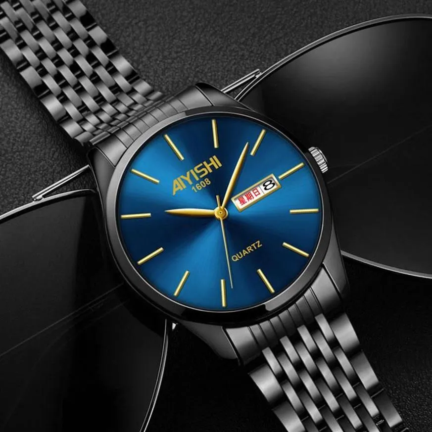 Наручные часы, крутые матовые, черные, синие стальные часы, мужские часы с авто-датой и неделей, функциональные деловые наручные часы для мужчин, часы 2021, Top2750
