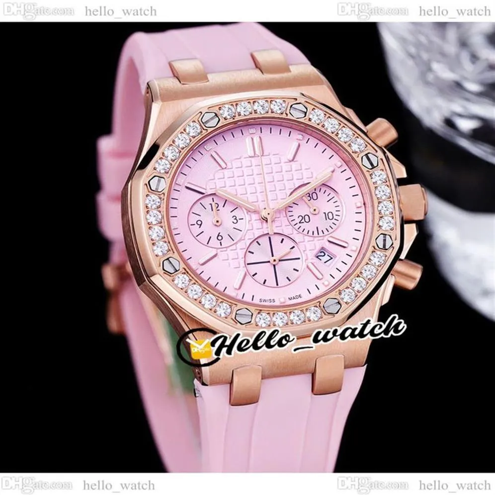 37 mm Fecha 26231 Miyota Cuarzo Cronógrafo Reloj para mujer Textura rosa Dial Cronómetro Caja de oro rosa Bisel de diamantes Correa de caucho Fashi241U