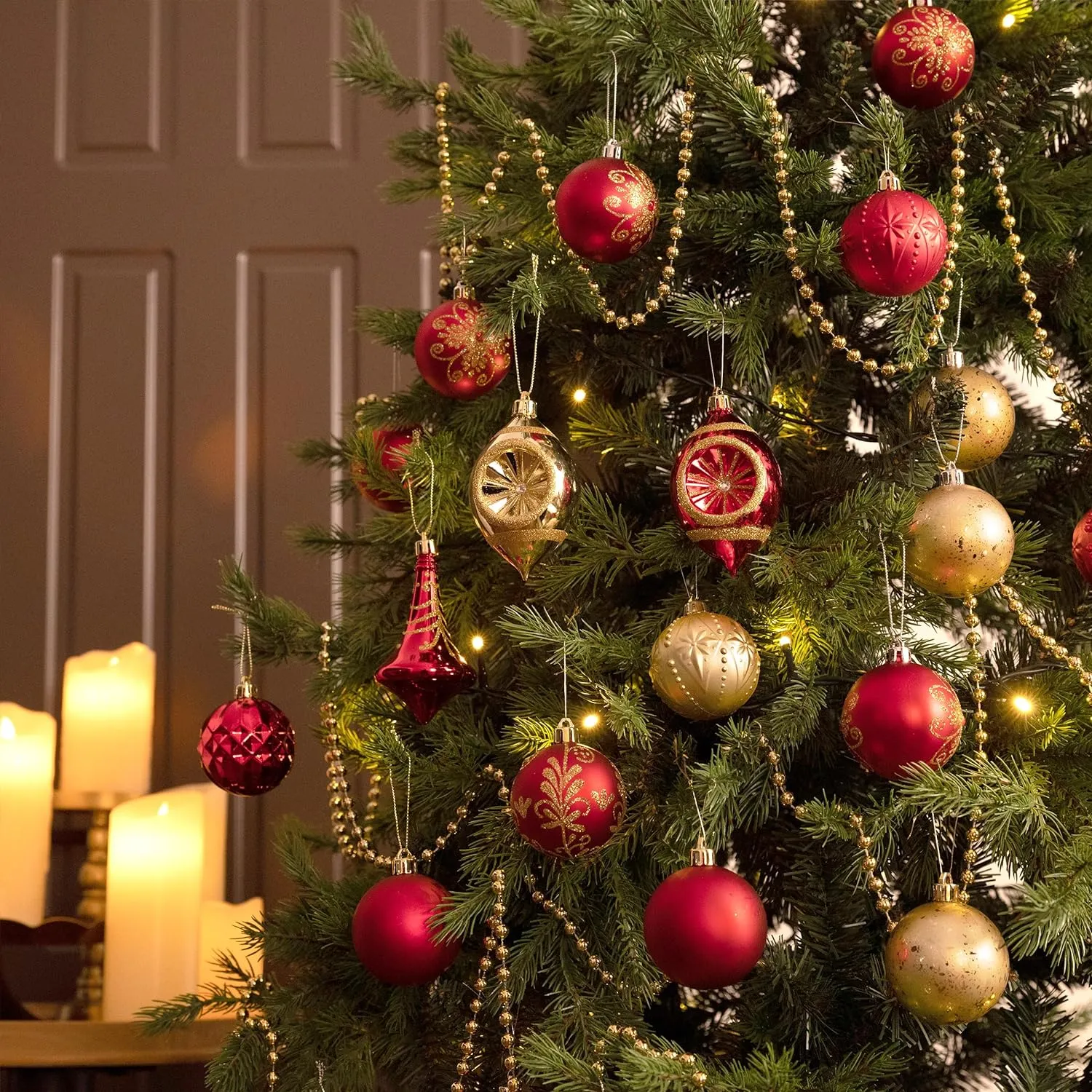 Adornos para árbol de Navidad, juego de decoración de bolas de Navidad irrompibles rojas y doradas de 100 quilates, adorno de árbol colgante de lujo a granel para vacaciones de Navidad