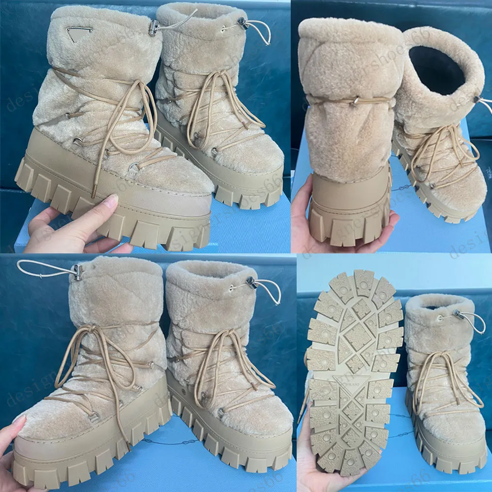 Women s Ecru Shearling Apres Ski Boots with Triangle Logo Waterproof Mid Calf Kitten Heel Platform 2024 Winter