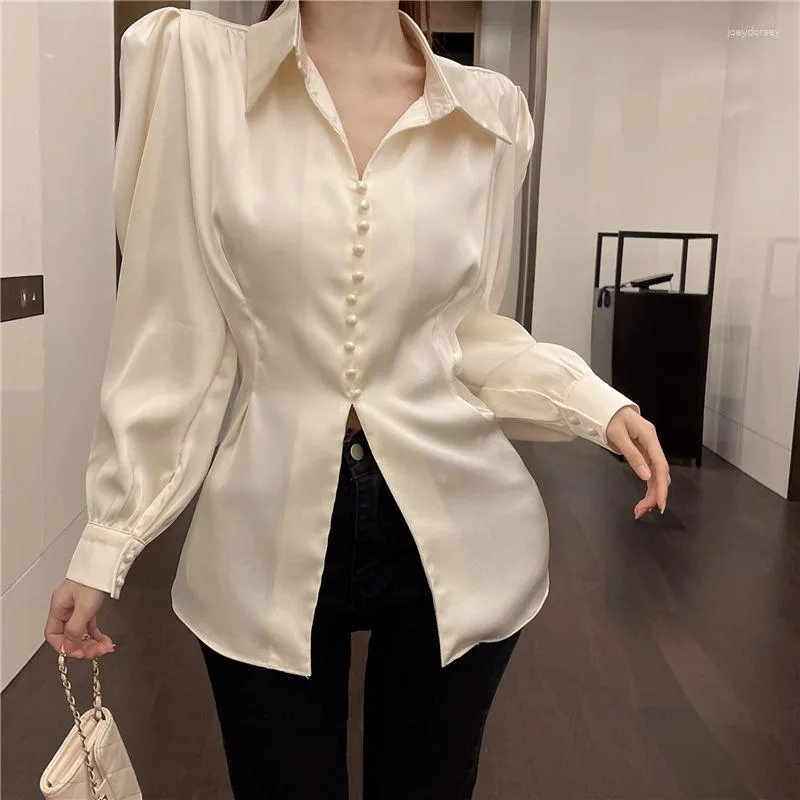 Women's Blouses Women Back Bow Satin Puff Sleeve Blouse Shirt Fashion Slim Office Lady Casual Korean Hollow Out Turn Down Collar Chic Top