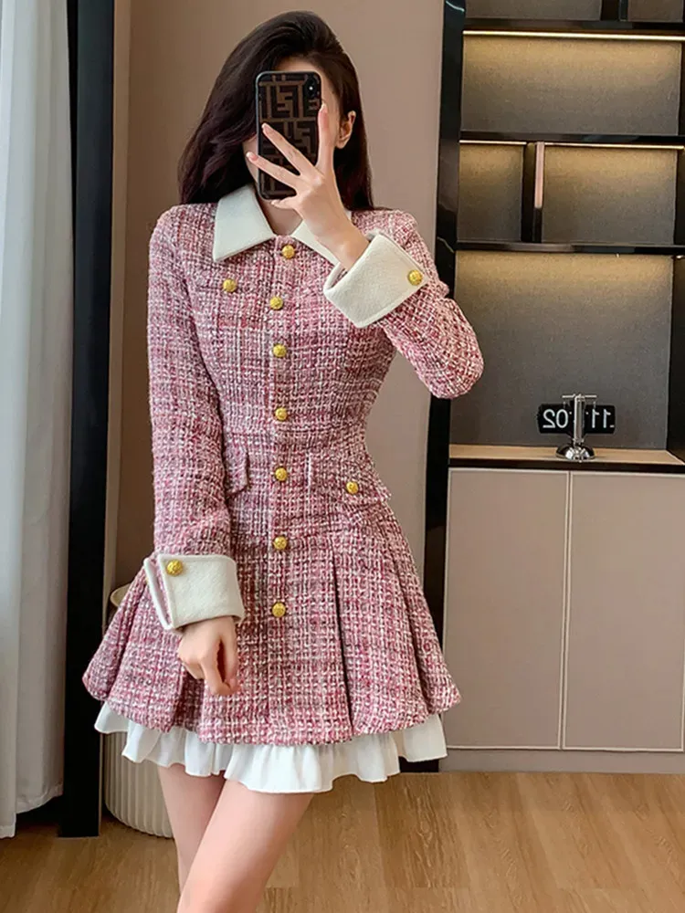 Basic Casual Dresses New Fashion Autumn Winter Pink Tweed Dress Women's French Luxury Runway Celebrity Single Breasted Patchwork Woolen Mini Dresses 2024