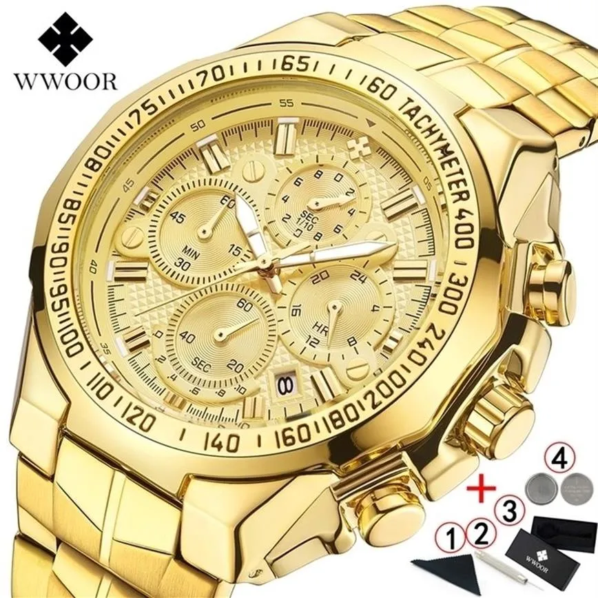Reloj Masculino, relojes de pulsera para hombre, marca superior de lujo, WWOOR, cronógrafo dorado, relojes para hombre, reloj de pulsera grande dorado para hombre 220705246N