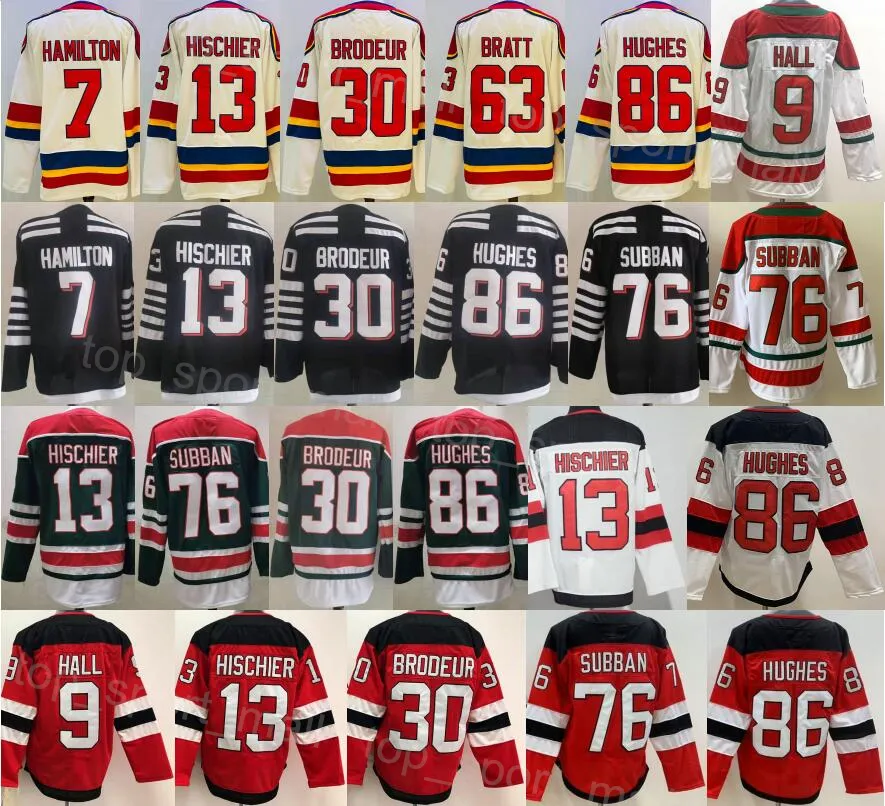 Uomo Hockey su ghiaccio 13 Maglia Nico Hischier Reverse Retro 76 PK Subban 7 Dougie Hamilton 86 Jack Hughes 9 Taylor Hall 30 Martin Brodeur Ricamo Rosso Bianco Nero Colore della squadra