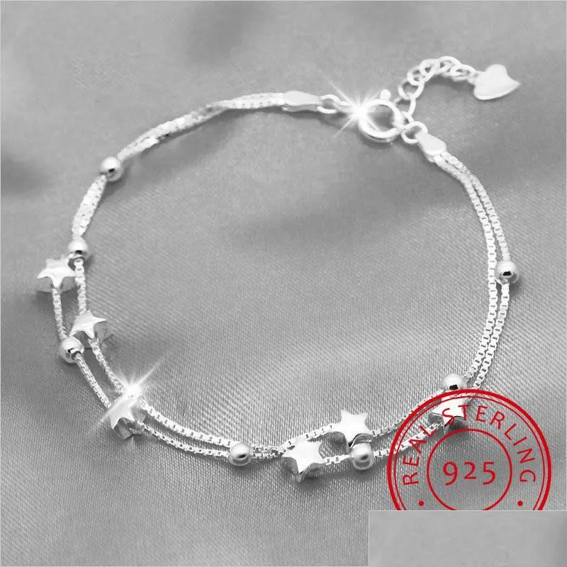 Altri braccialetti 100% 925 solido reale sterling Sier moda doppio strato stella perline braccialetto 17 cm per le donne gioielli ragazza Ds1211Altro Dro Dha3I