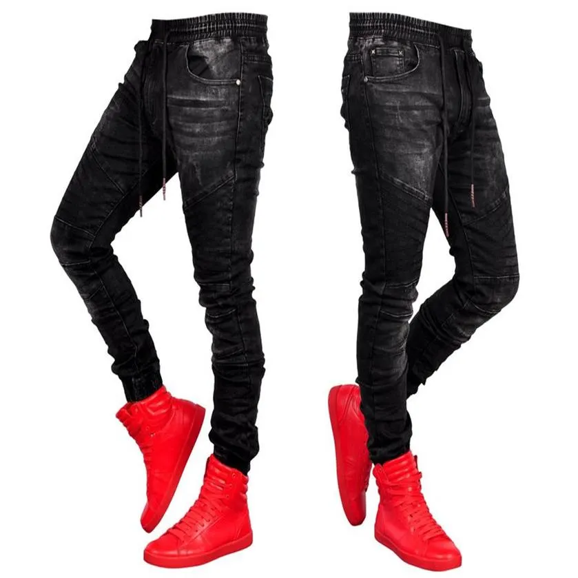 jeans para hombres Pantalones vaqueros negros con estilo jogger moda cintura elástica pantalones de mezclilla Lápiz Biker Jean Pants296t