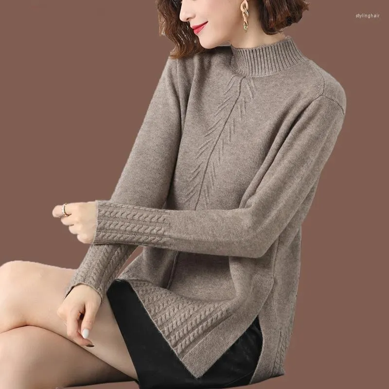 Suéteres femininos mulher pulôver outono inverno camisola solta gola média roupas femme chandails
