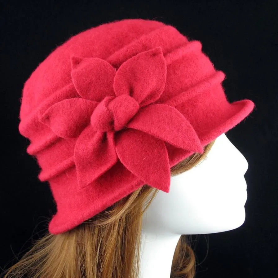 Sombreros de ala tacaña para mujer invierno Vintage elegante lana flor fieltro sombrero Cloche cubo Cap200E