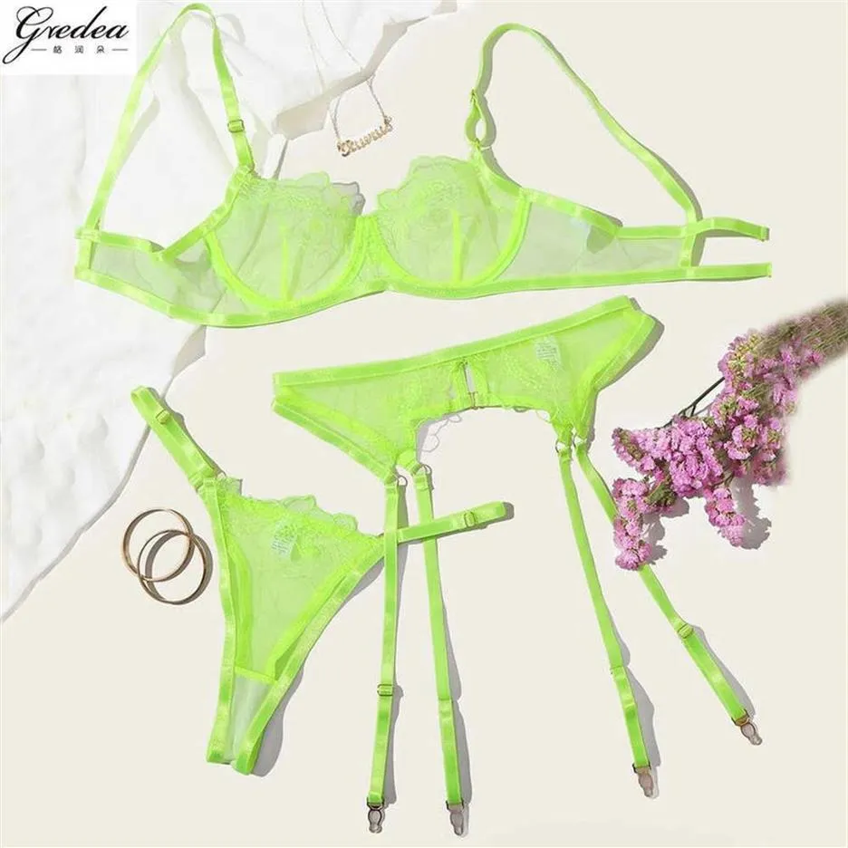 Sexy Summer Thin Fluorescent Green Women's Erotic Lingerie Mesh See-through Underwear Underwire Gathered Bra Thong Garter Set2616