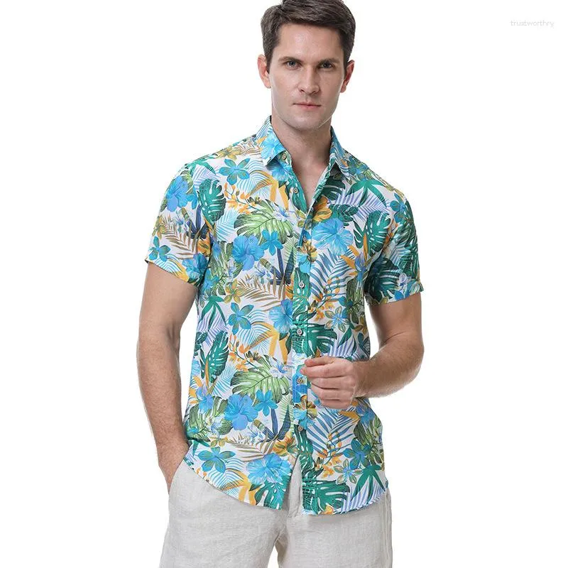 Camiseta masculina casual lapela impressa camisa de flor havaiana single-breasted praia manga curta tops roupas de férias