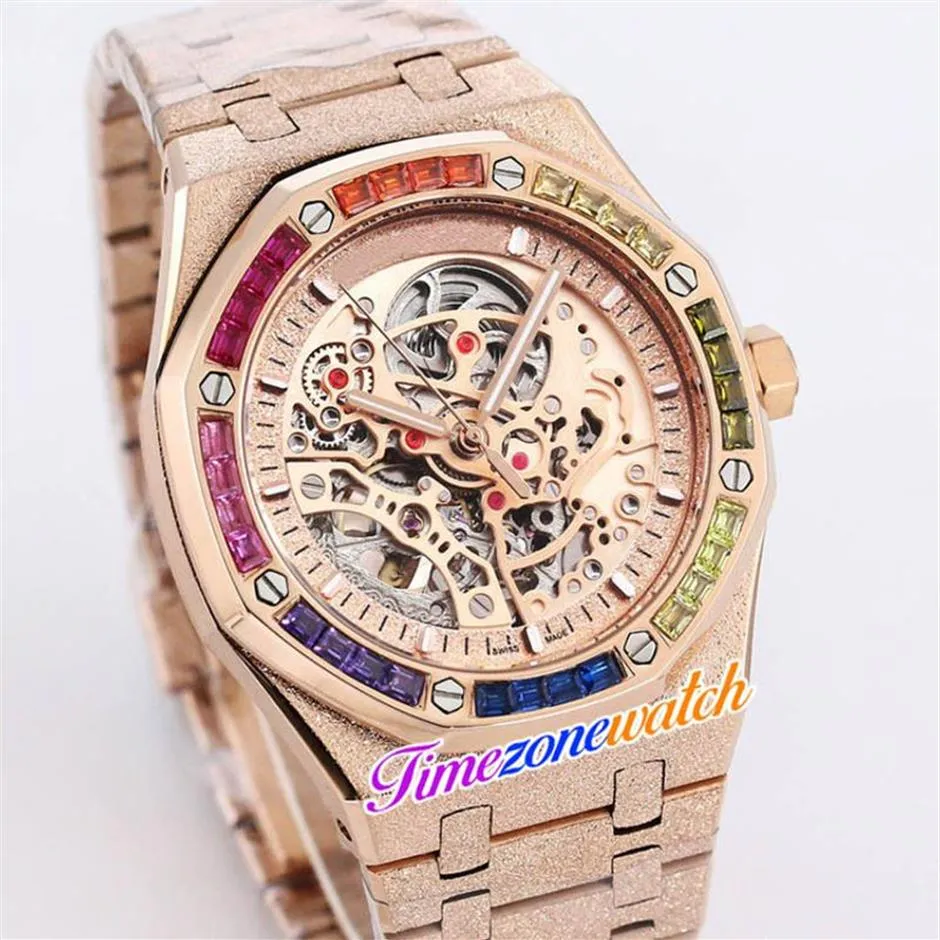 K8F 41mm skelett Tourbillon Dial Automatic Mens Watch All Rose Gold Frost Gold Case Frosted Steel Armband Rainbow Diamond Watche234a