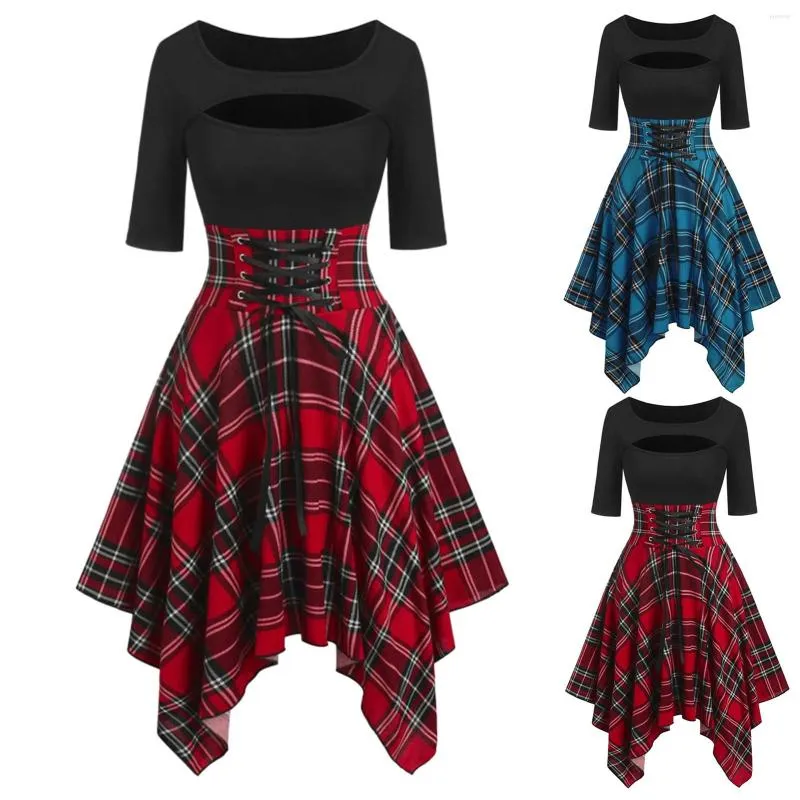 Casual Dresses Women Plaid Tops Slim Belted Irregular Short Sleeve Handkerchief Dress