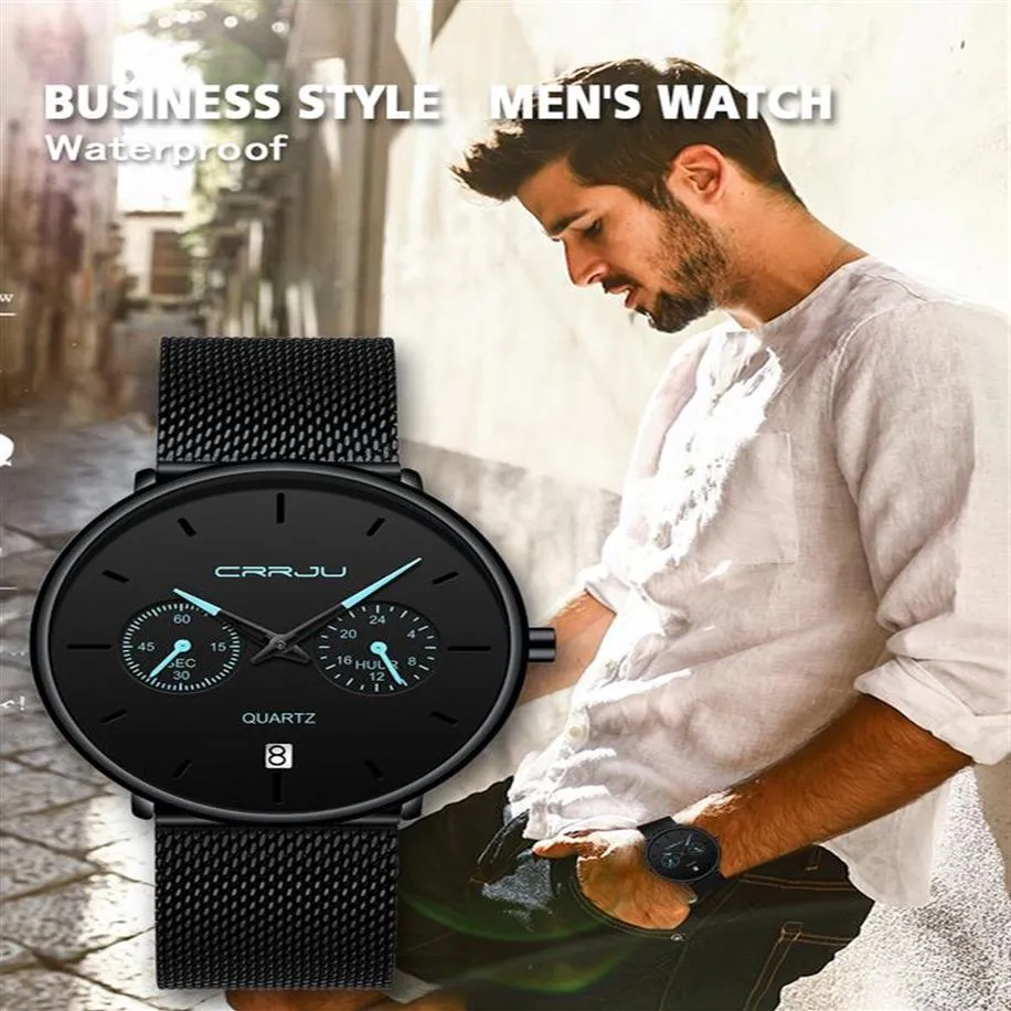 Mens Watches Crrju Full Steel Casual Waterproof Watch for Man Sport Quartz Watch Men's Dress Calender Watch Relogio Masculino259n