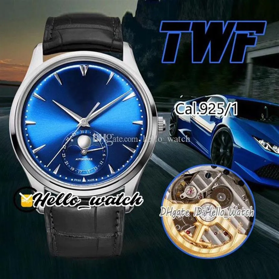 TWF 마스터 울트라 얇은 3D 달 에나멜 Cal A925 Atuomatic Mens 시계 39mm 스틸 블루 다이얼 스틱 마커 가죽 스트랩 1368420 2021 E211Q