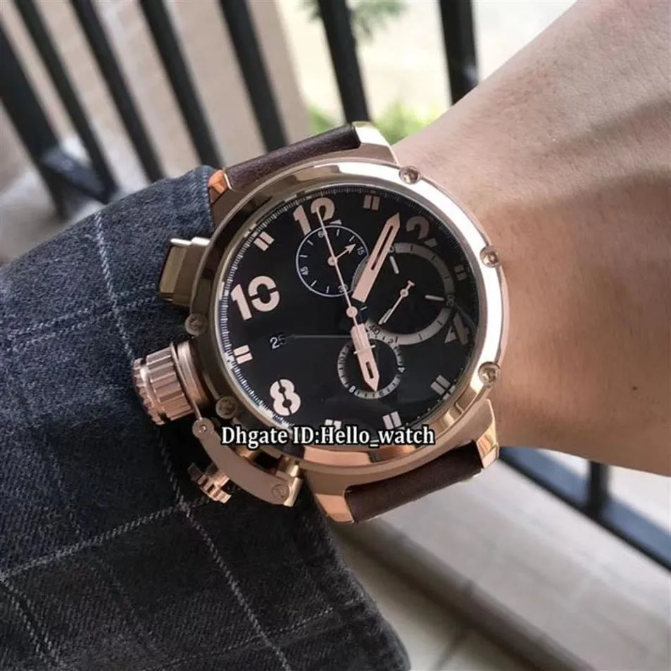 Goedkope linkshandige 50 mm U-51 U51 Chimera brons 7474 zwarte wijzerplaat quartz chronograaf herenhorloge rosé gouden kast lederen band stopwatc253h