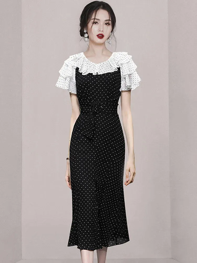 Basic Casual Dresses New Fashion Vintage O-Neck Ruffle Short Sleeve Summer Dress For Women Tie Up Dot Mermaid Dresses Vestidos Female Clothing 2024