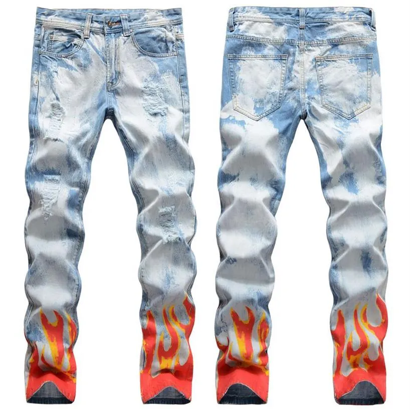 Män smala fit rippade jeans 3d tryckt hål förstörde mager rakt ben tvättade frayed motocykel denim byxor hip hop stretch cyklist 217d