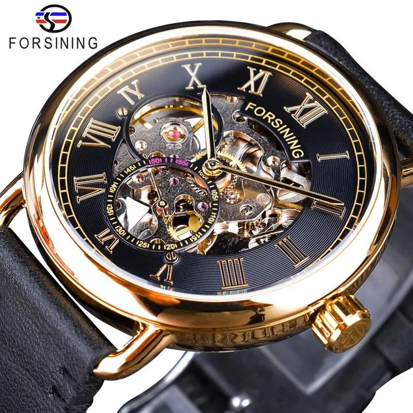 Forsining relojes clásicos negros dorados calados esqueleto para hombre relojes de pulsera mecánicos de primeras marcas de lujo negro cuero genuino 299z