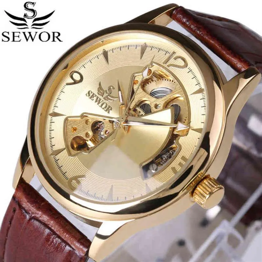 SEWOR Brand Mechanical Automatic self-wind Skeleton Watches Fashion Casual Men Watch Luxury Clock Genuine Leather Strap 211231281E