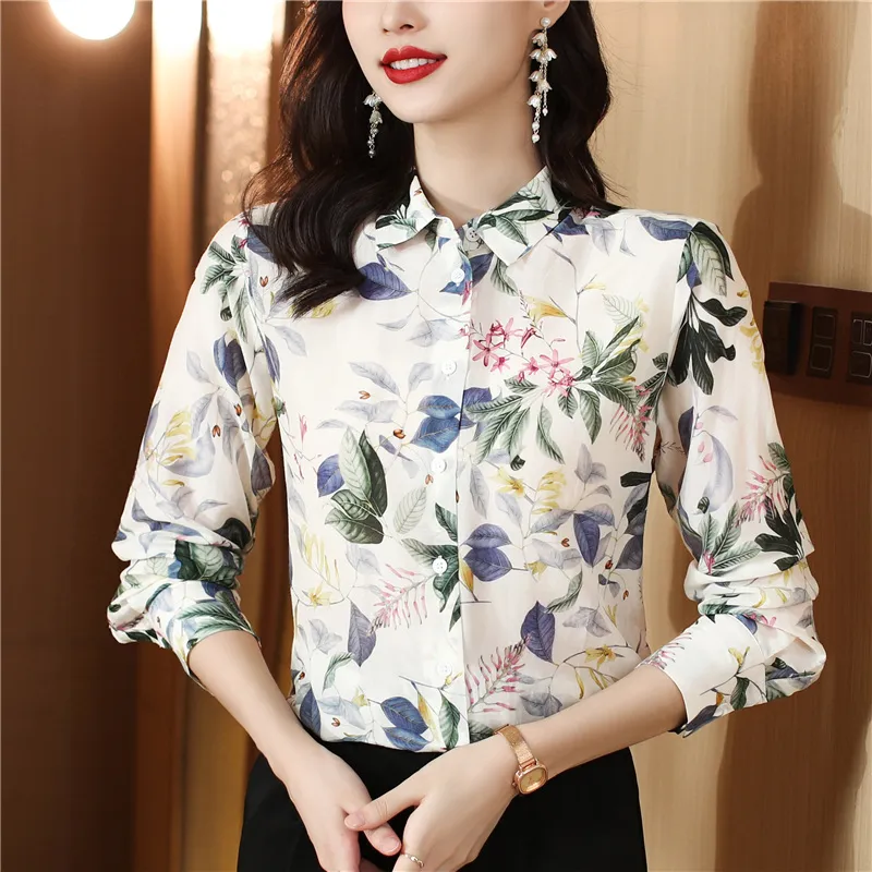 Vintage Elegant Floral Satin Shirt for Women, Long Sleeve Designer Printed  Blouses, 2024 Autumn Winter Fashion Silk Runway Button Up Shirts, Chic