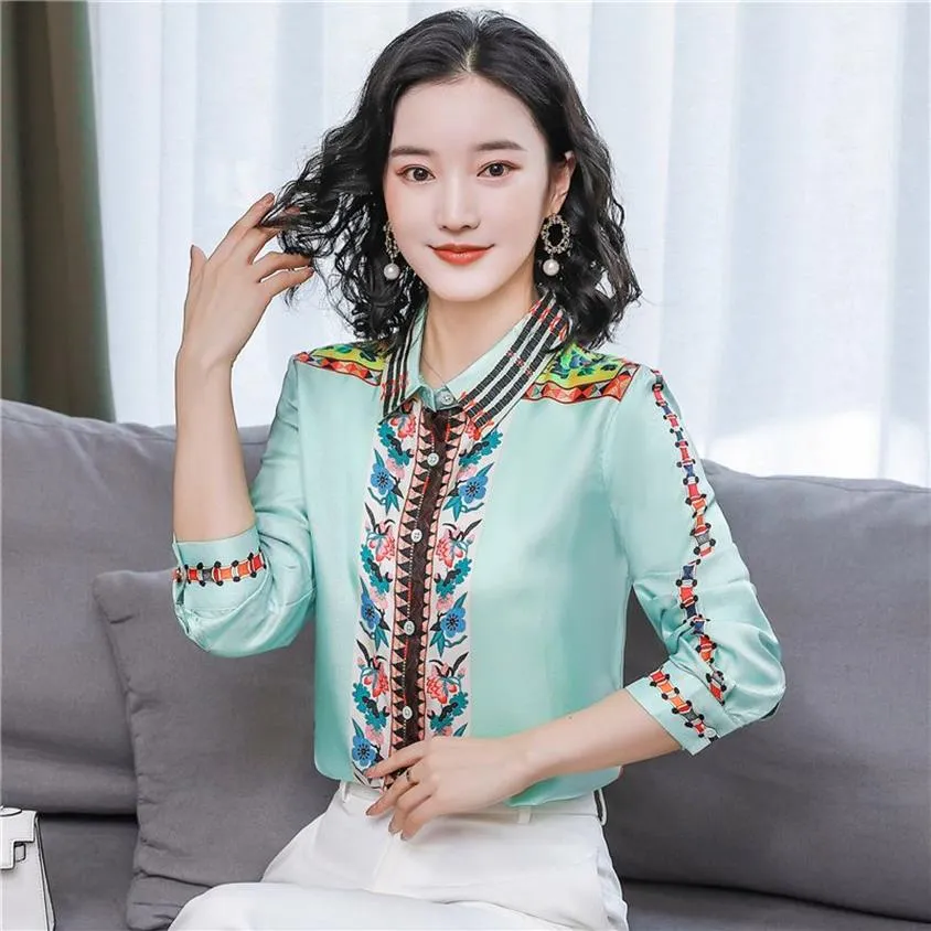 Runway Luxury Retro Silk Satin Shirt Long Sleeve Spring Autumn Winter Womens Designer Button Tops Slim Office Ladies Printed Blous2921