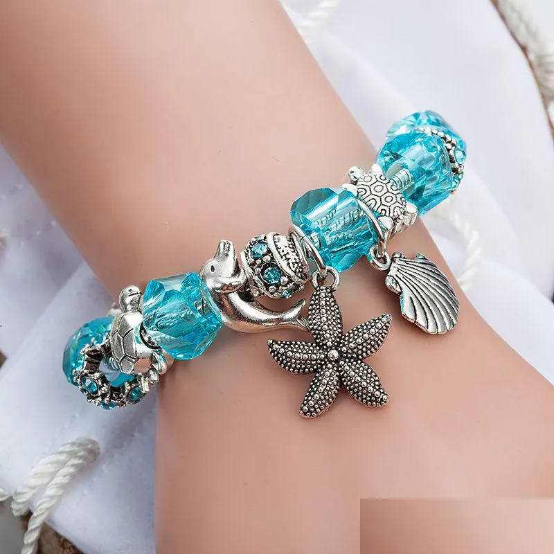 Charmarmband Ny sjöstjärnor Drop Pink Blue Crystal Star Bead Armband Bangle For Women Diy Jewelry Gift Delivery Dhmip