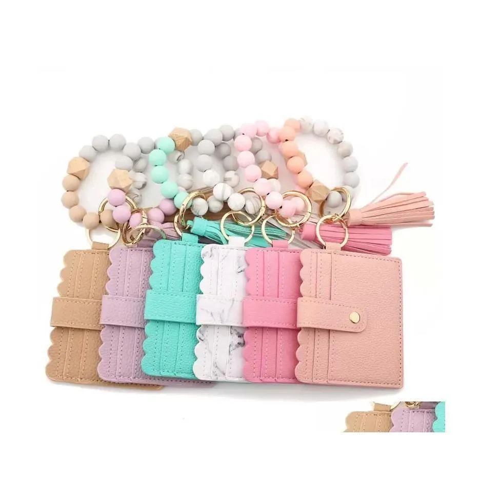 Party Favor Pu Leather Armband Wallet Keychain Tassels Bangle Key Ring Holder Card Bag Sile Beaded Wristlet Keychains Handbag Women Dhtrx