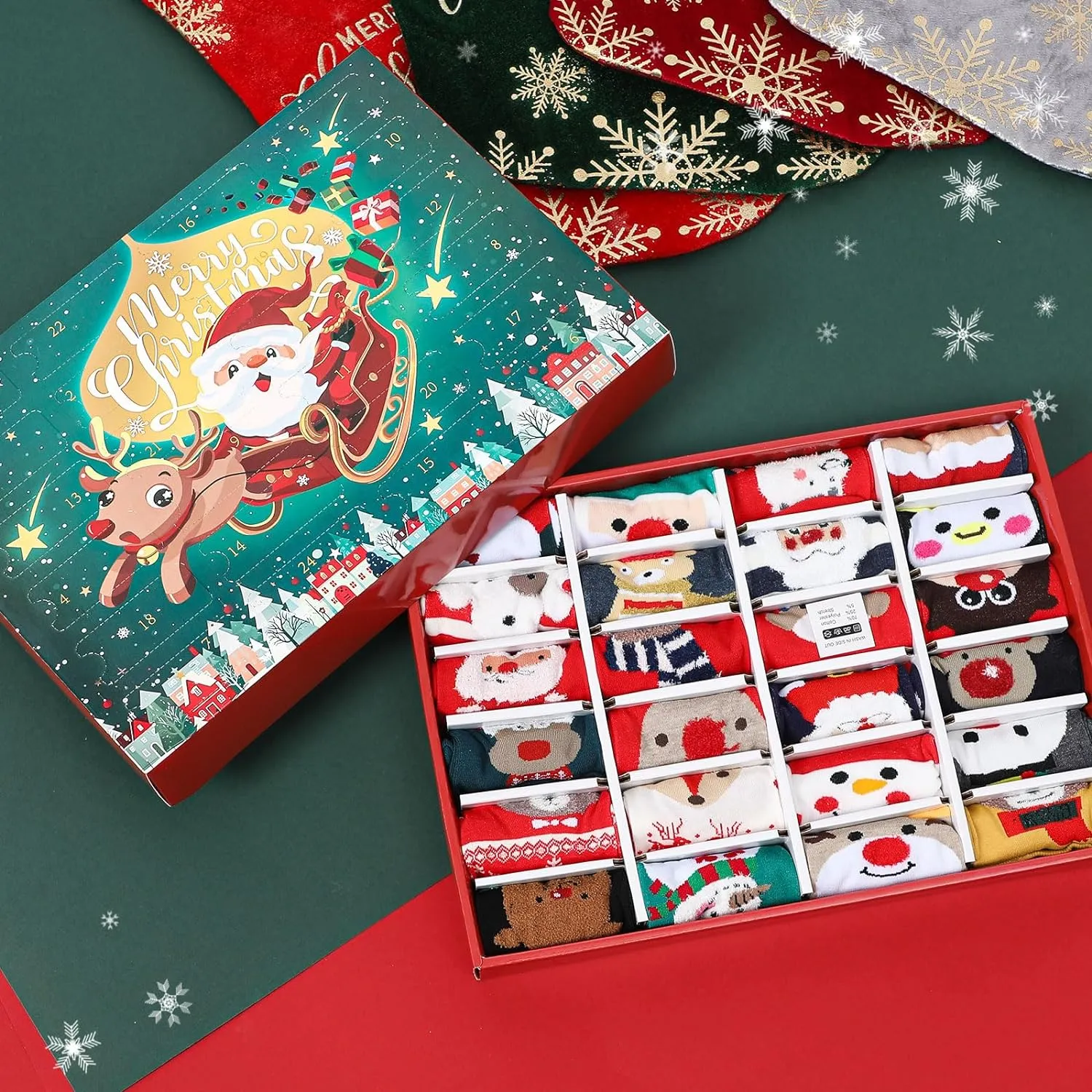 Kerst Sok Adventskalender 2023 Kinderen -24 Dagen Advent Box Sokken Kerst Countdown, Santa Elk Sneeuwpop Kerstboom Patroon voor Sok