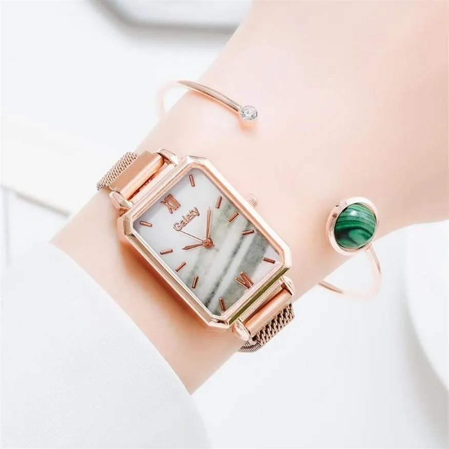 Armbandsur damklockor Set Rectangle Dial Elegant Female Armband Mesh Magnet Gradient Gift Zegarek Damski Women Watch216L